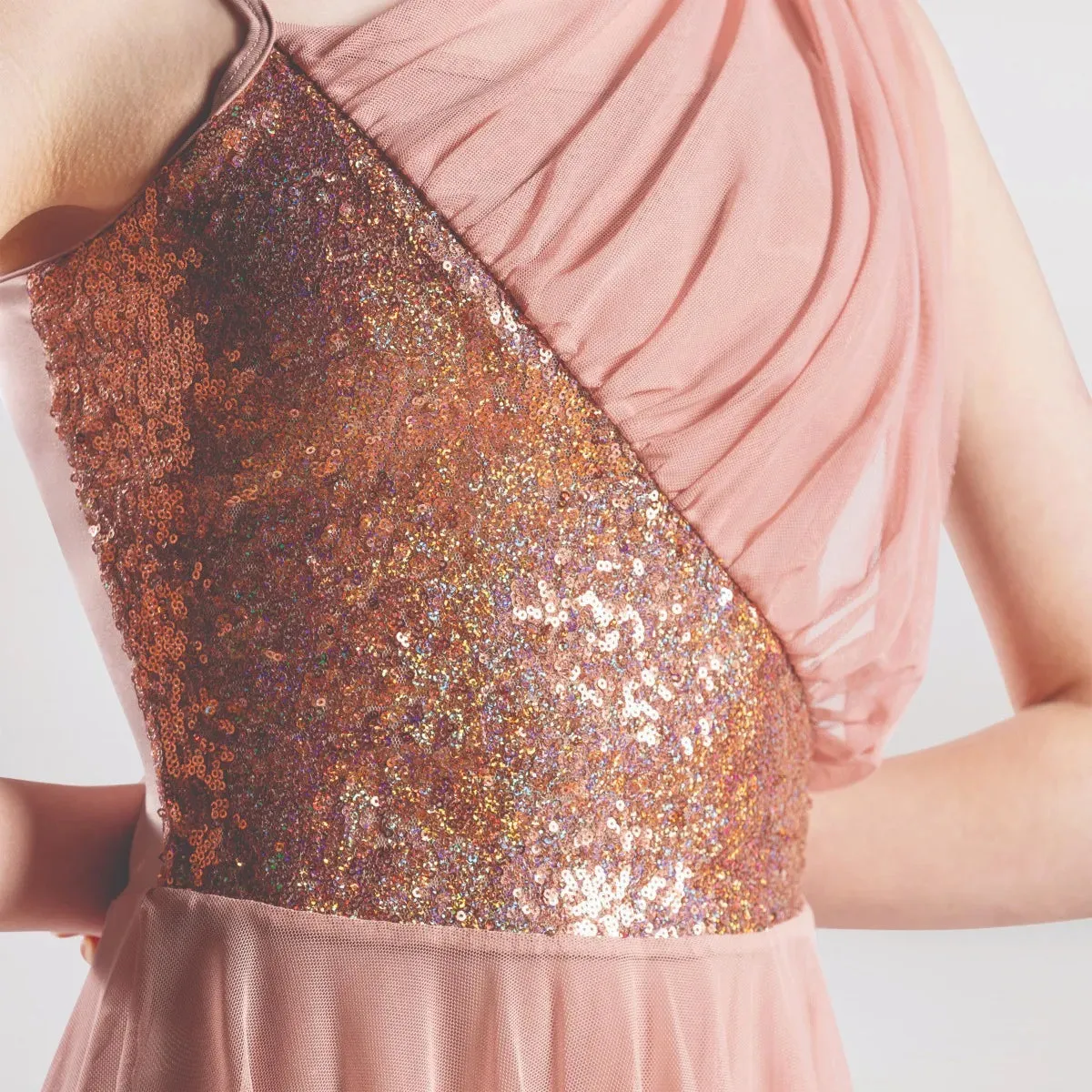 1st Position Diagonal Sequin Panelled Dress with Mesh Overlay