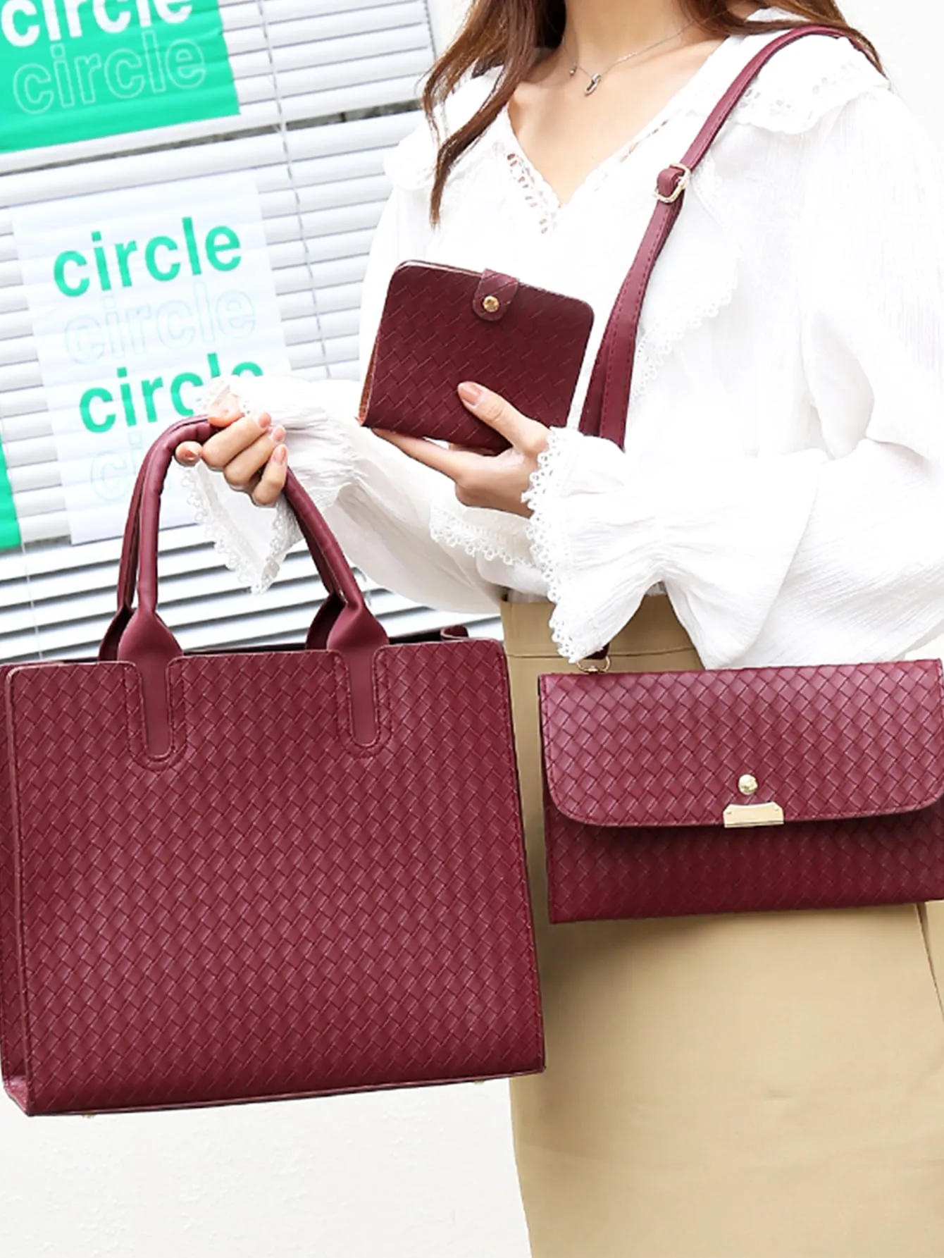 3pcs Woven Pattern Satchel Bag Set