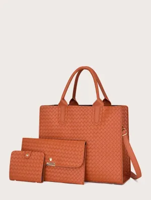 3pcs Woven Pattern Satchel Bag Set