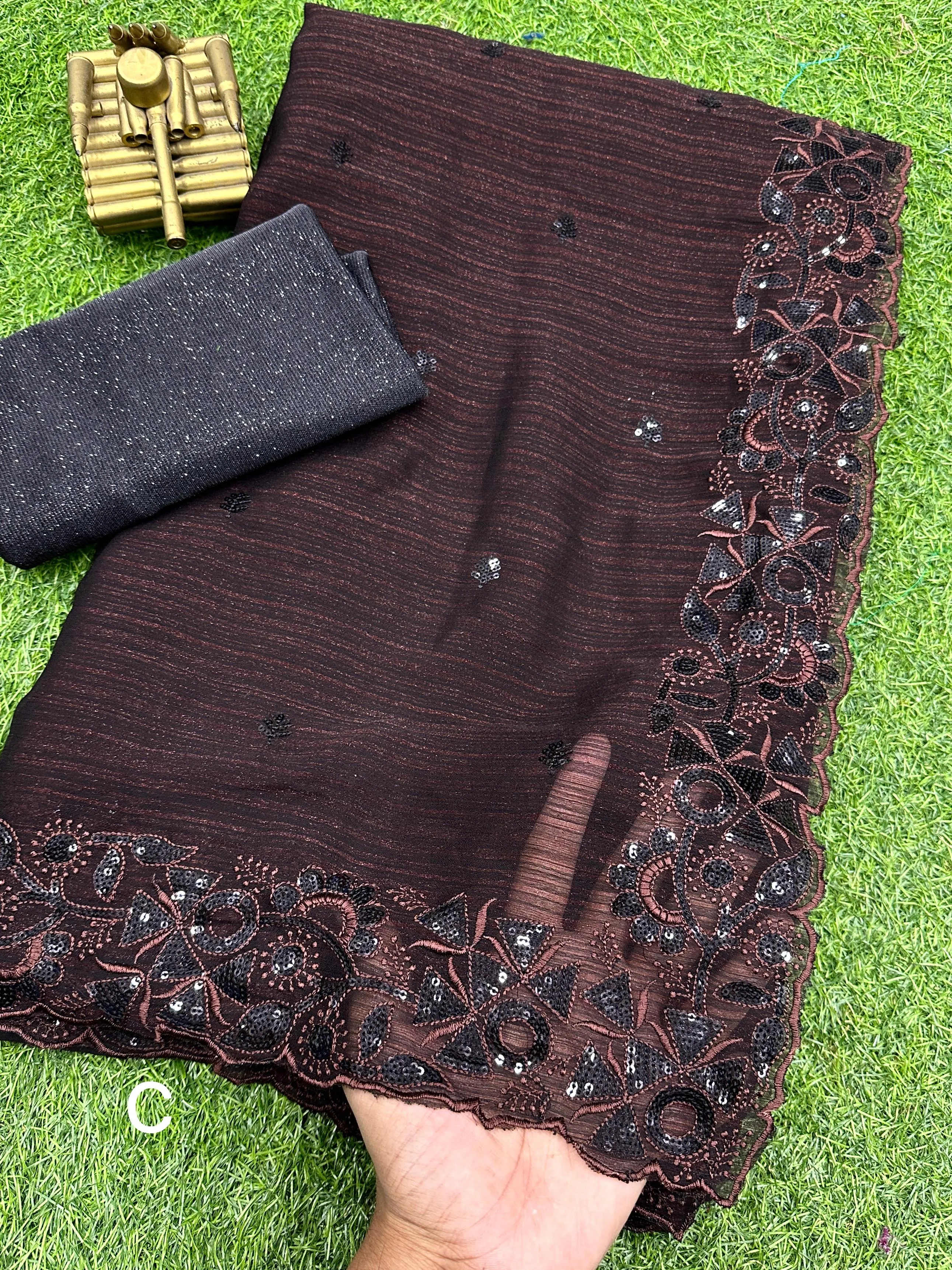 Beautiful Designer Georgette Chiffon Blackmint Sequence Saree