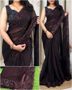 Beautiful Designer Georgette Chiffon Blackmint Sequence Saree