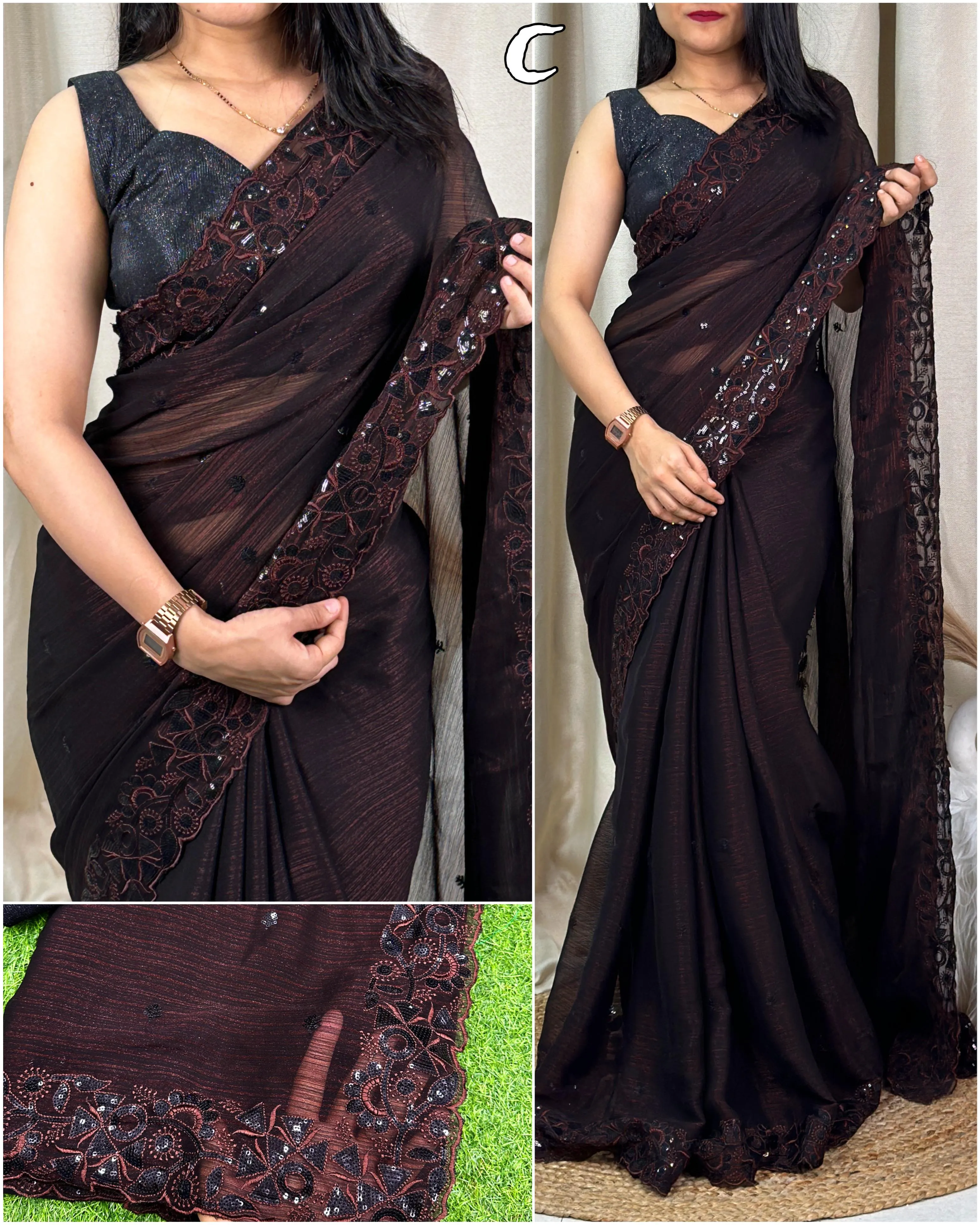 Beautiful Designer Georgette Chiffon Blackmint Sequence Saree