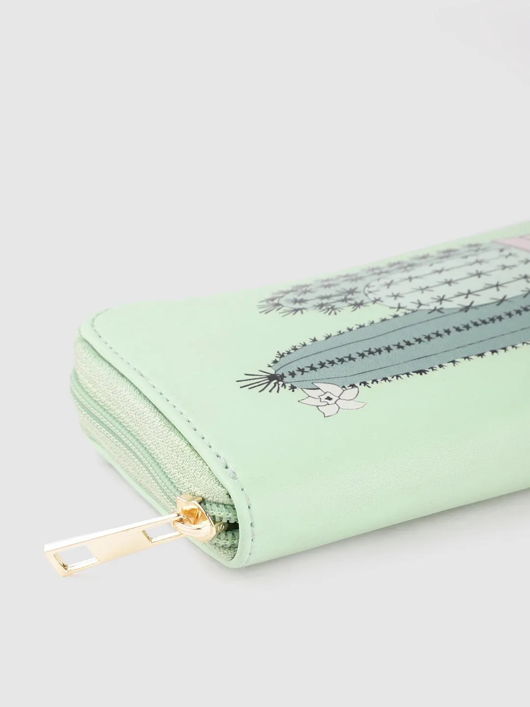 Berrylush Women Green & Pink Graphic Printed PU Zip Around Long Wallet