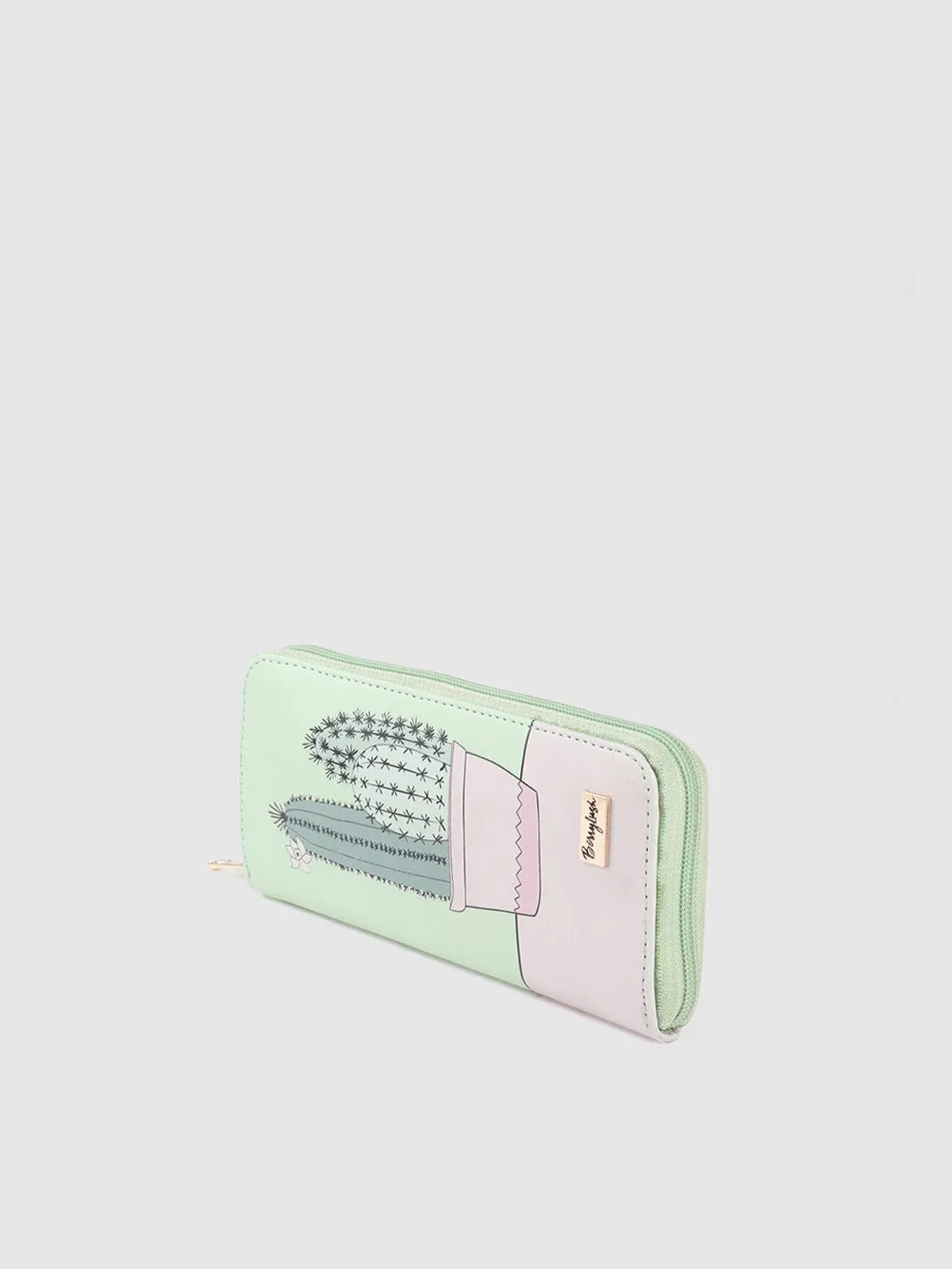 Berrylush Women Green & Pink Graphic Printed PU Zip Around Long Wallet