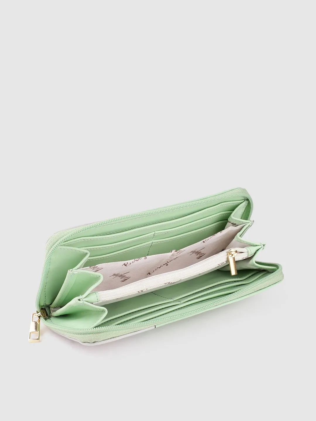 Berrylush Women Green & Pink Graphic Printed PU Zip Around Long Wallet