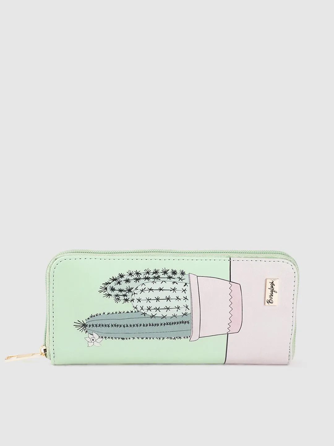 Berrylush Women Green & Pink Graphic Printed PU Zip Around Long Wallet