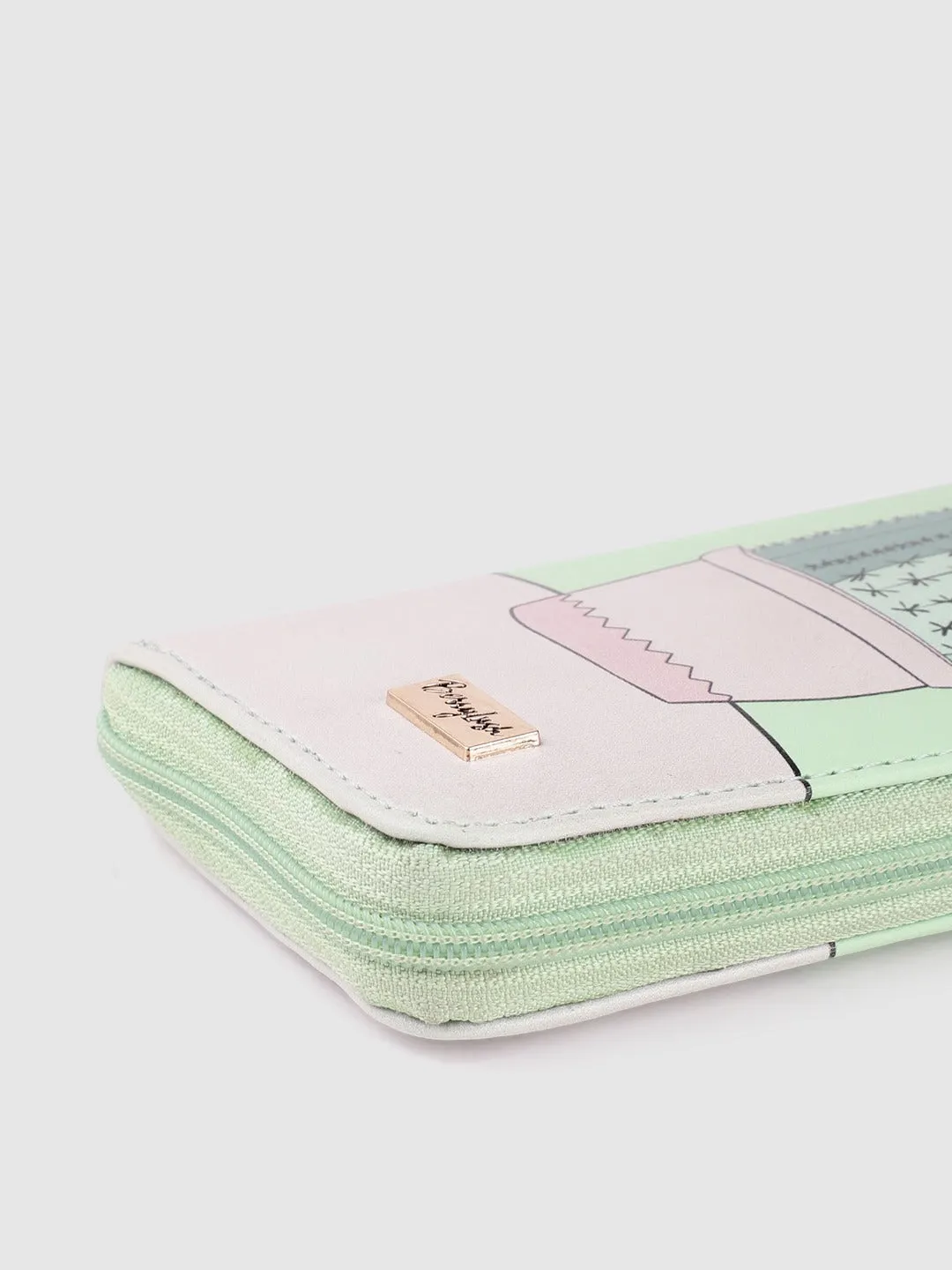 Berrylush Women Green & Pink Graphic Printed PU Zip Around Long Wallet