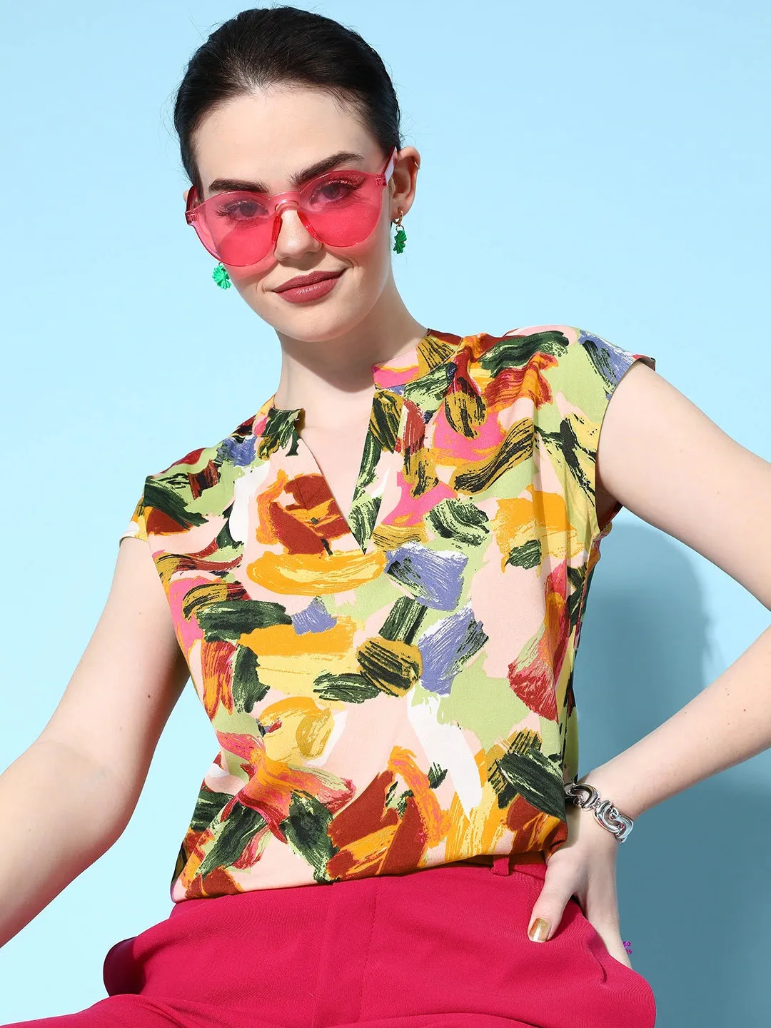 Berrylush Women Pink & Yellow Abstract Printed Mandarin Collar Neck Extended Sleeves Regular Top