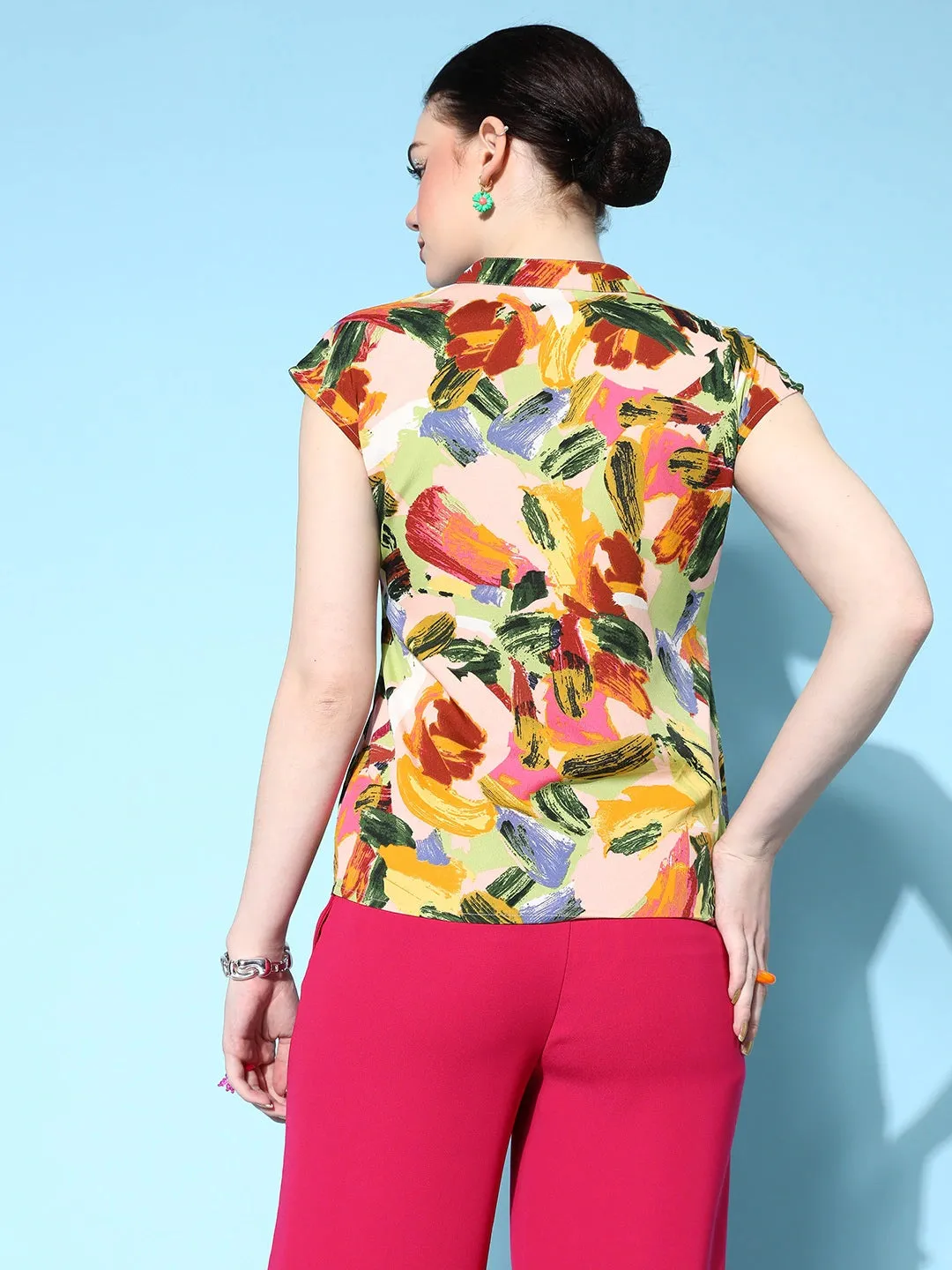 Berrylush Women Pink & Yellow Abstract Printed Mandarin Collar Neck Extended Sleeves Regular Top