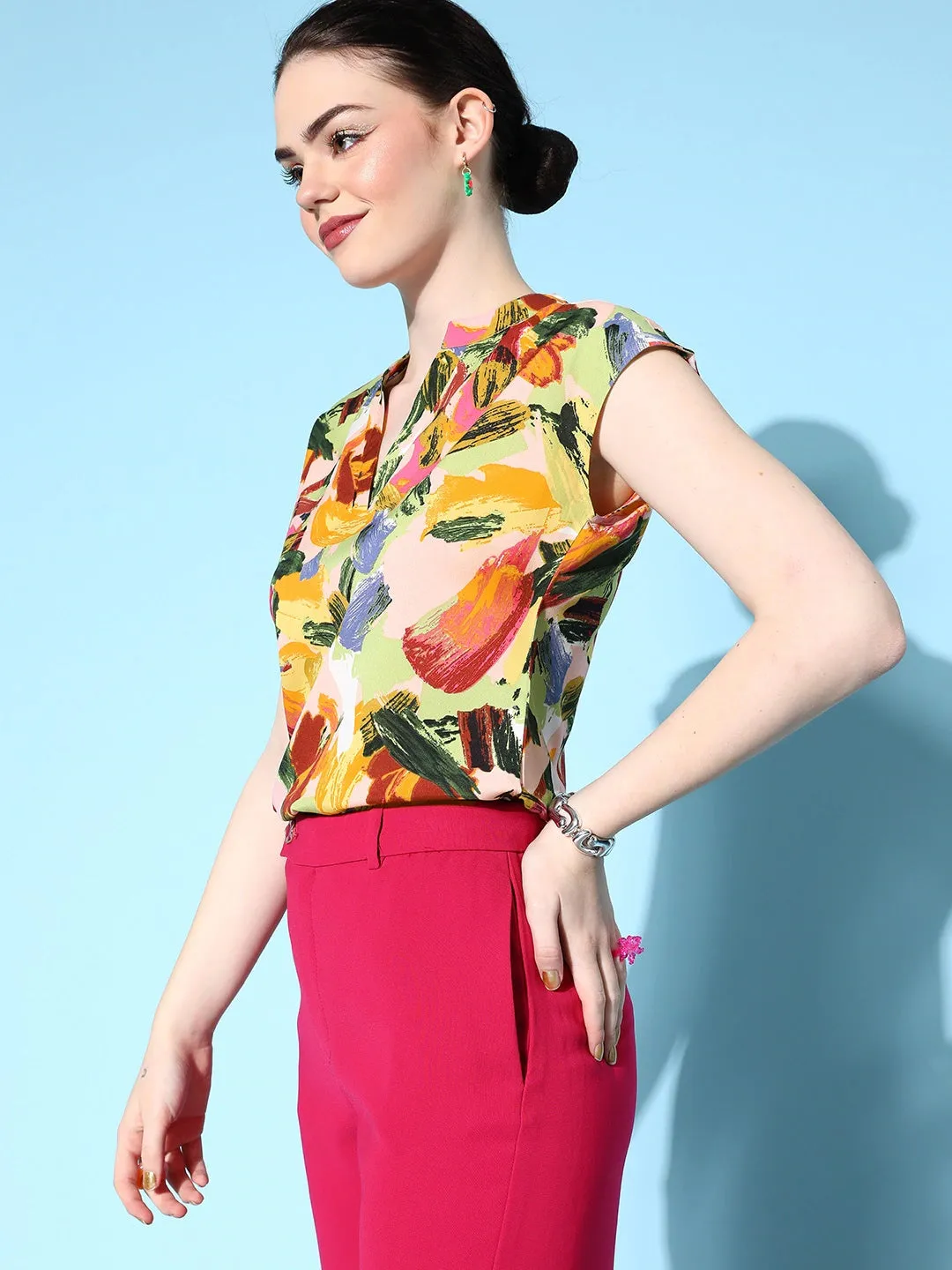 Berrylush Women Pink & Yellow Abstract Printed Mandarin Collar Neck Extended Sleeves Regular Top