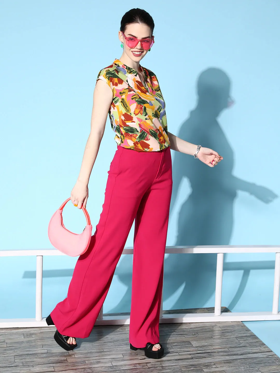 Berrylush Women Pink & Yellow Abstract Printed Mandarin Collar Neck Extended Sleeves Regular Top