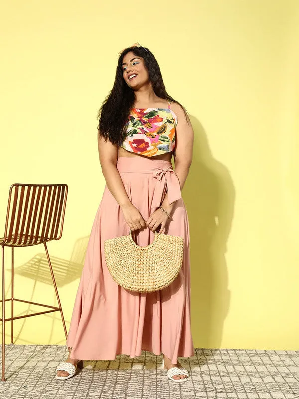 Berrylush Women Plus Size Pink & Multicolour Abstract Printed Square Neck Sleeveless Crepe Fitted Crop Top