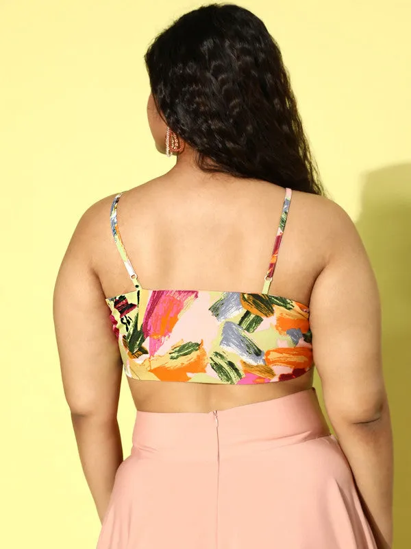 Berrylush Women Plus Size Pink & Multicolour Abstract Printed Square Neck Sleeveless Crepe Fitted Crop Top