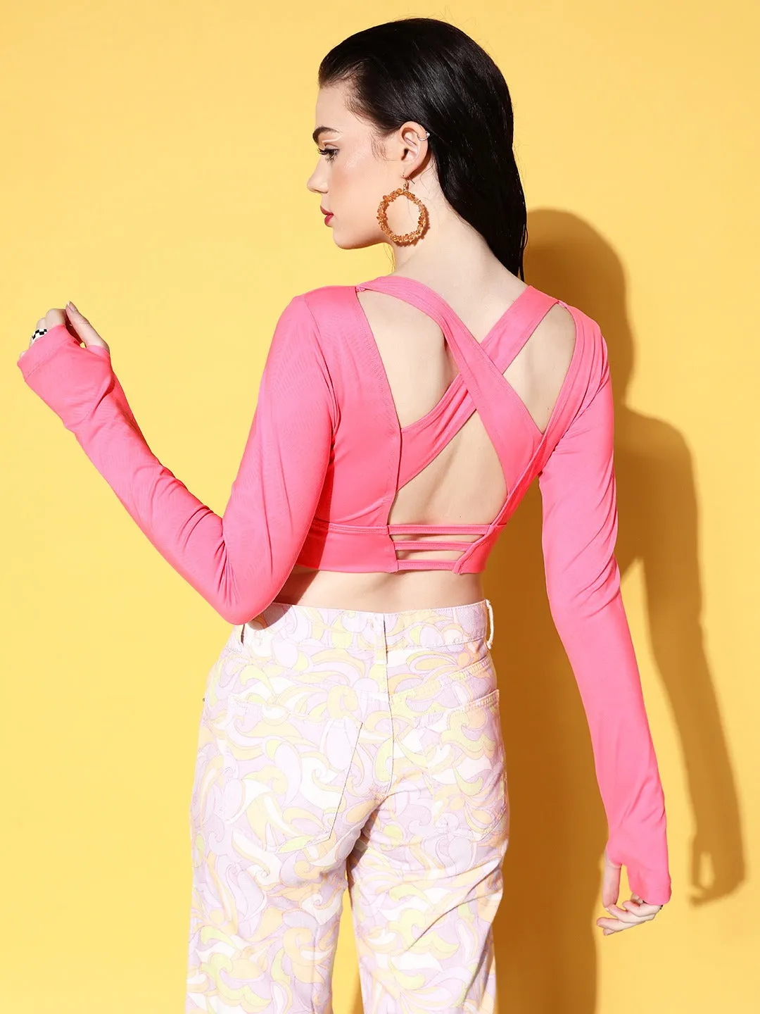 Berrylush Women Solid Pink Round Neck Thumb-Hole Sleeve Criss-Cross Back Cropped Top