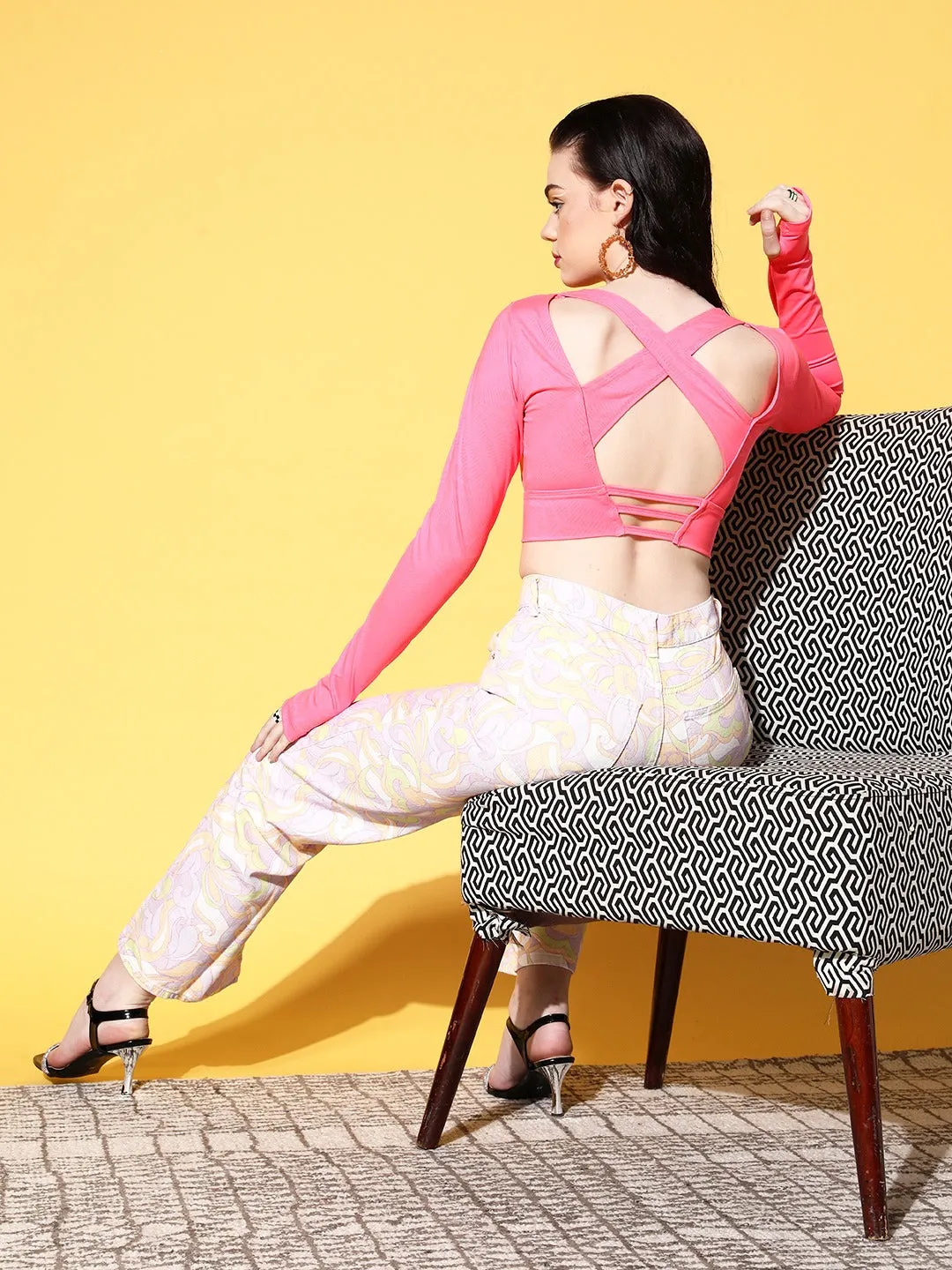 Berrylush Women Solid Pink Round Neck Thumb-Hole Sleeve Criss-Cross Back Cropped Top