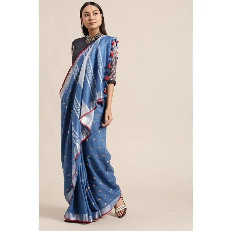 Blue Linen Embroidered Saree