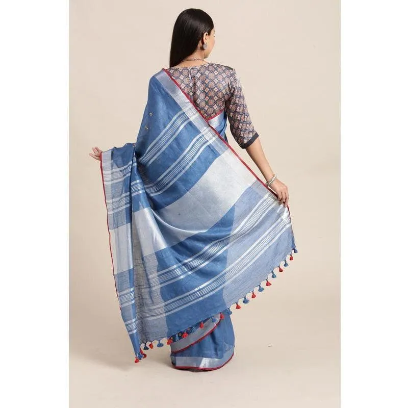 Blue Linen Embroidered Saree