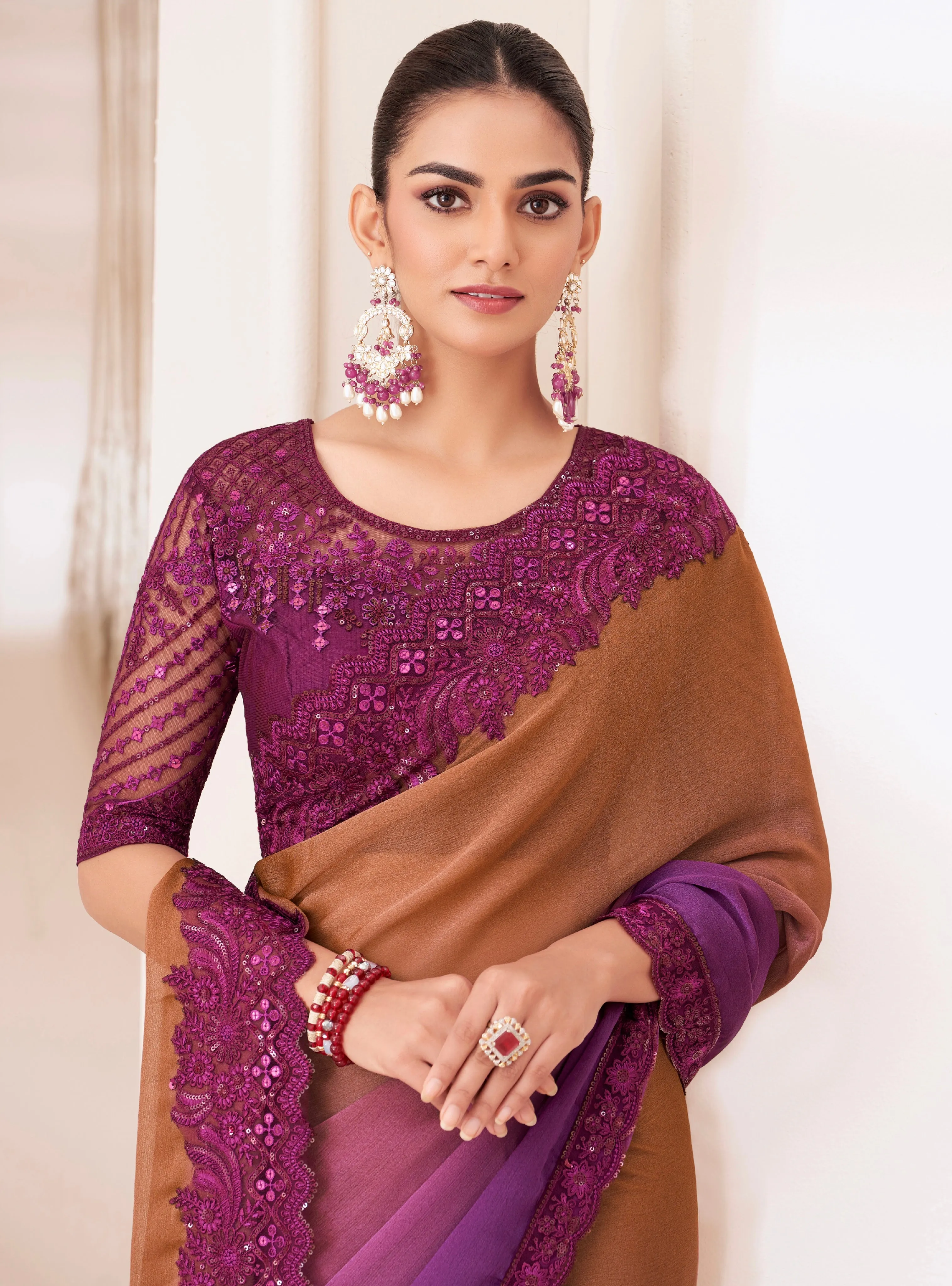 Bronze Shaded Chiffon Saree with Banglori Silk Blouse