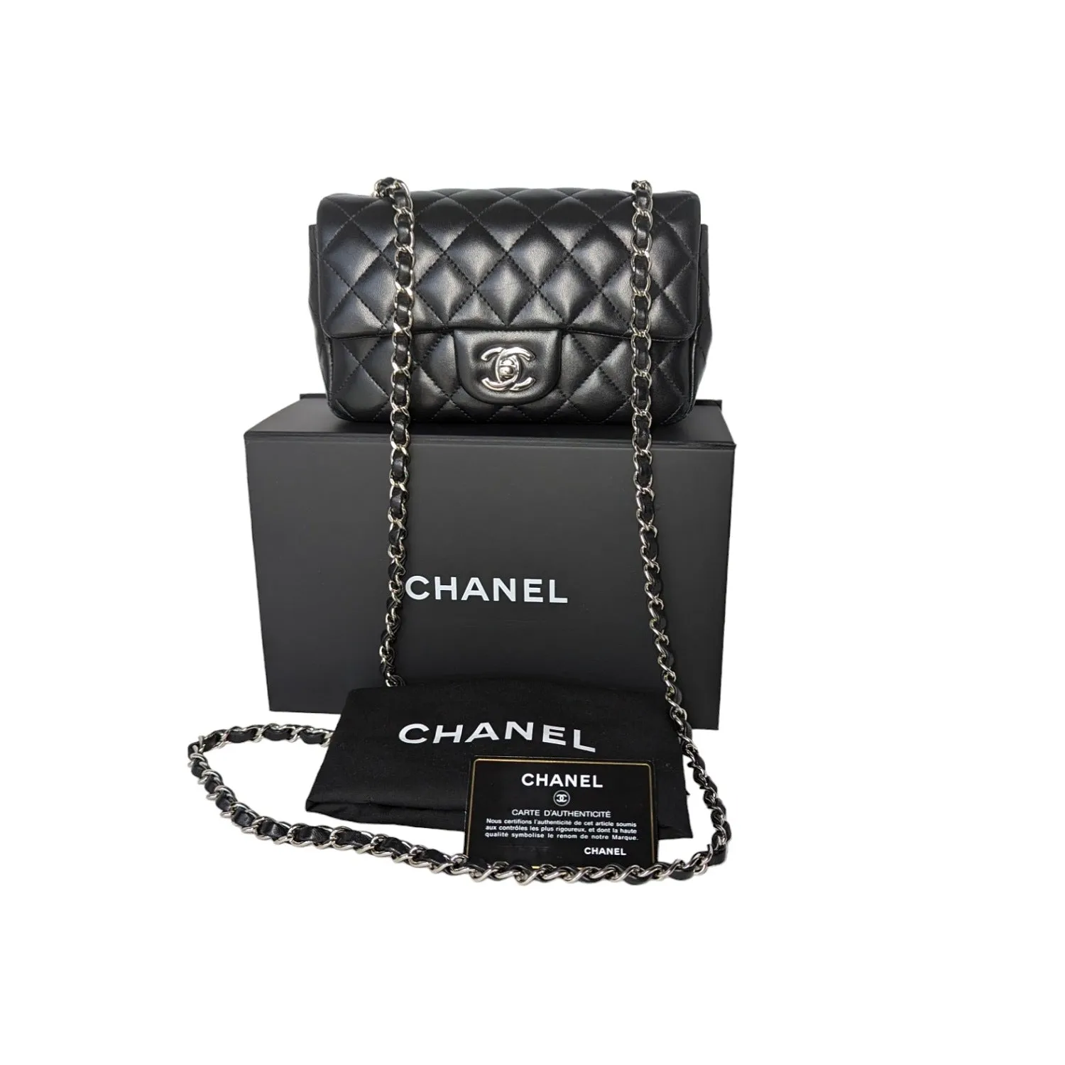 Chanel 2019 Black Lambskin Quilted Mini Rectangular Flap