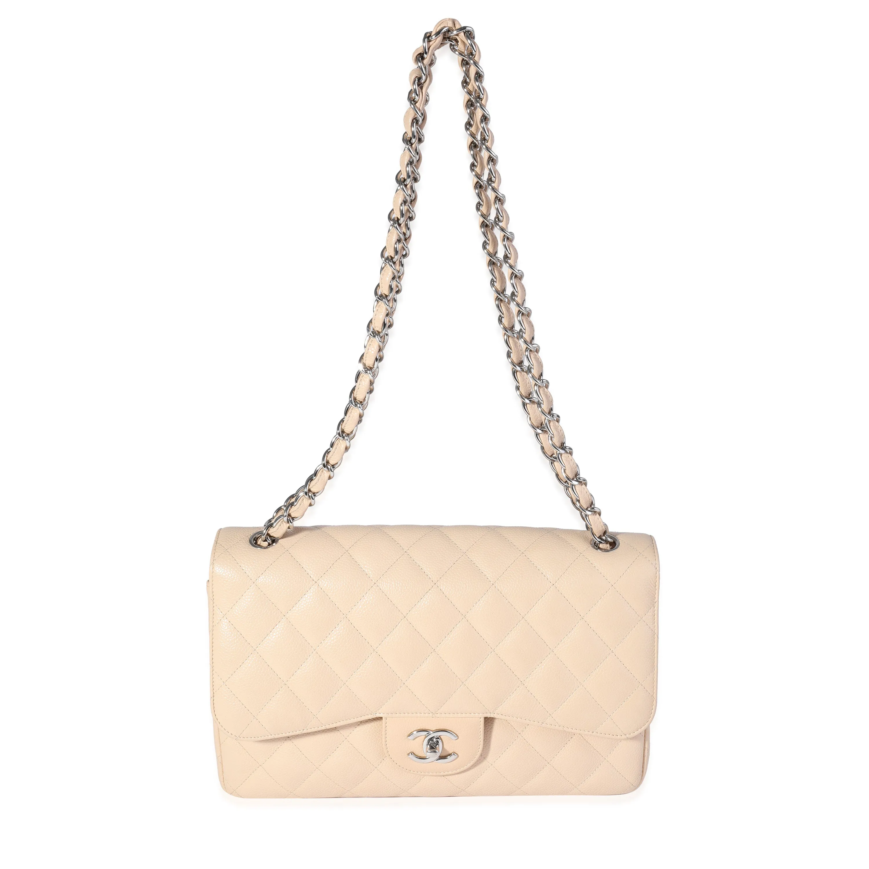 Chanel Beige Quilted Caviar Jumbo Classic Double Flap Bag