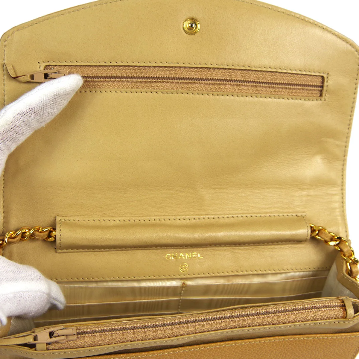CHANEL * WOC Chain Shoulder Wallet Bag Beige Caviar 89658