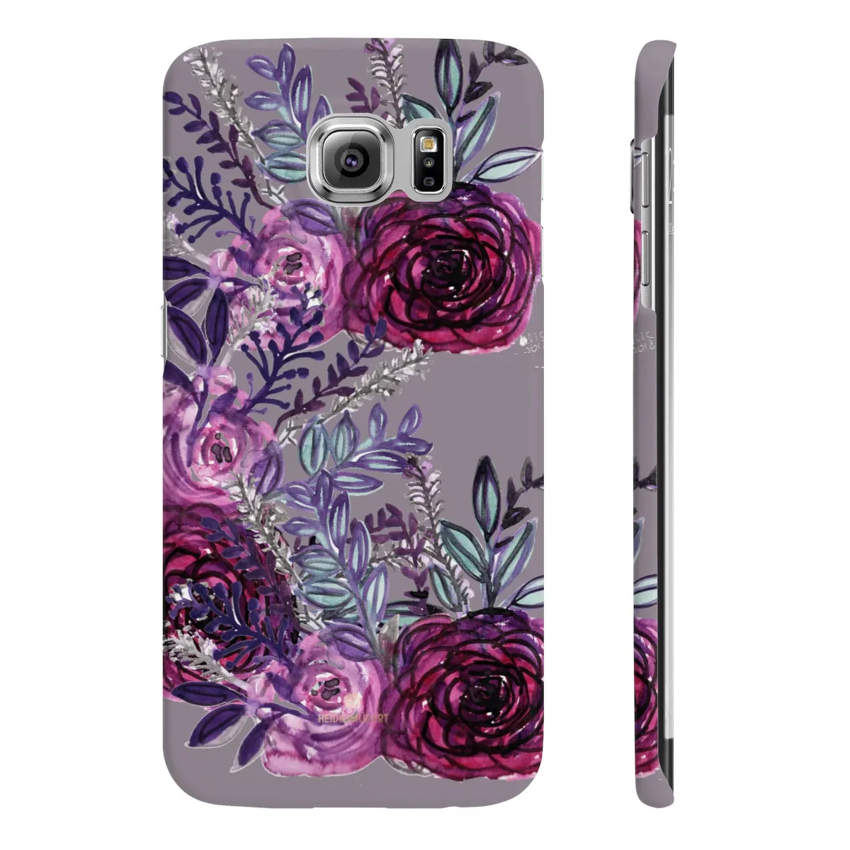Gray Slim iPhone/ Samsung Galaxy Floral Purple Rose Print Phone Case, Made in UK