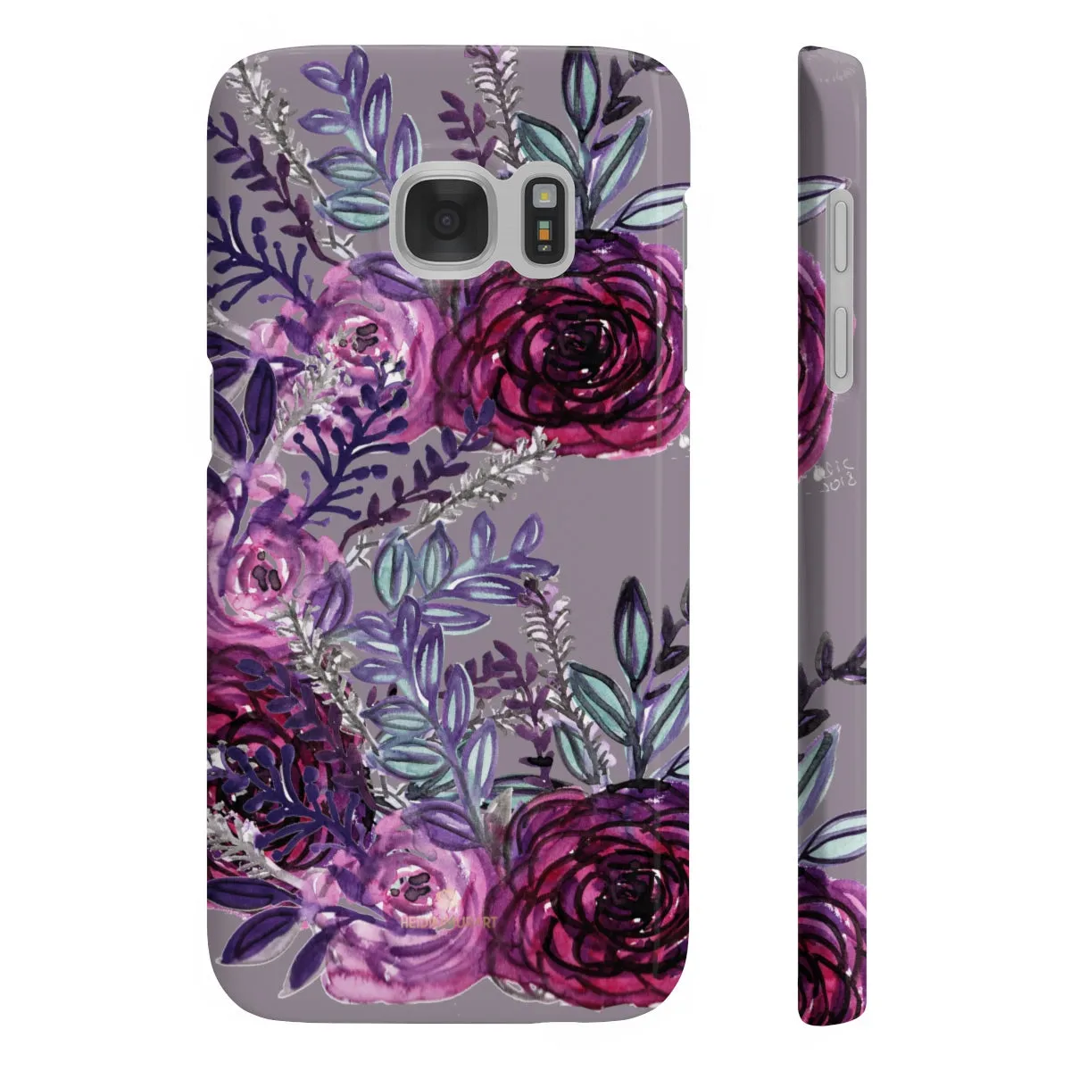 Gray Slim iPhone/ Samsung Galaxy Floral Purple Rose Print Phone Case, Made in UK