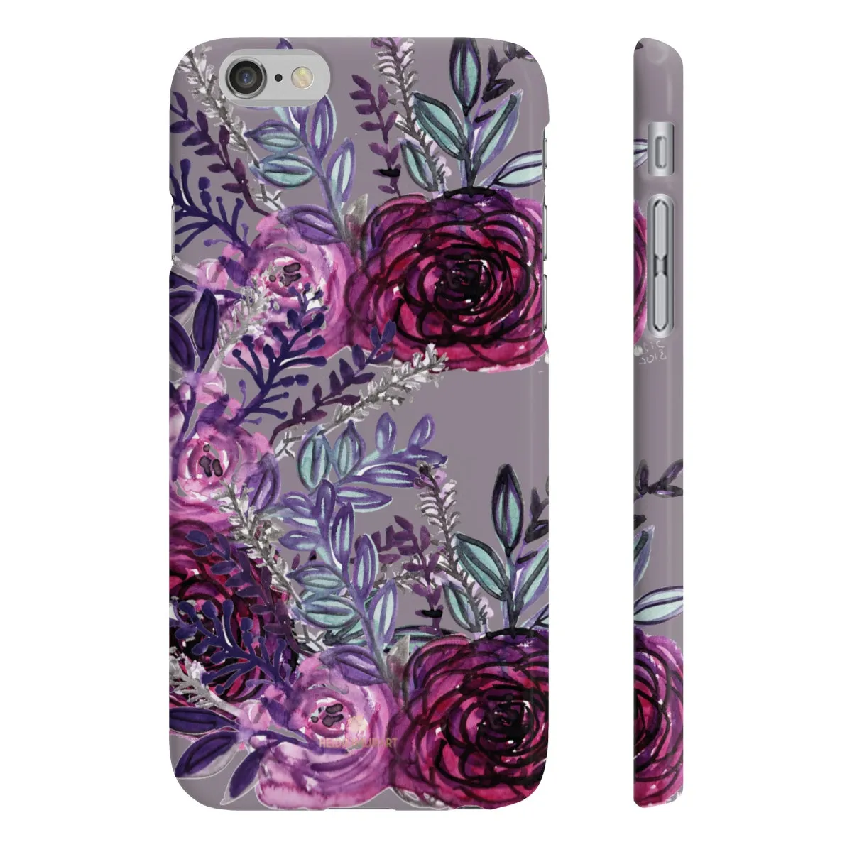 Gray Slim iPhone/ Samsung Galaxy Floral Purple Rose Print Phone Case, Made in UK