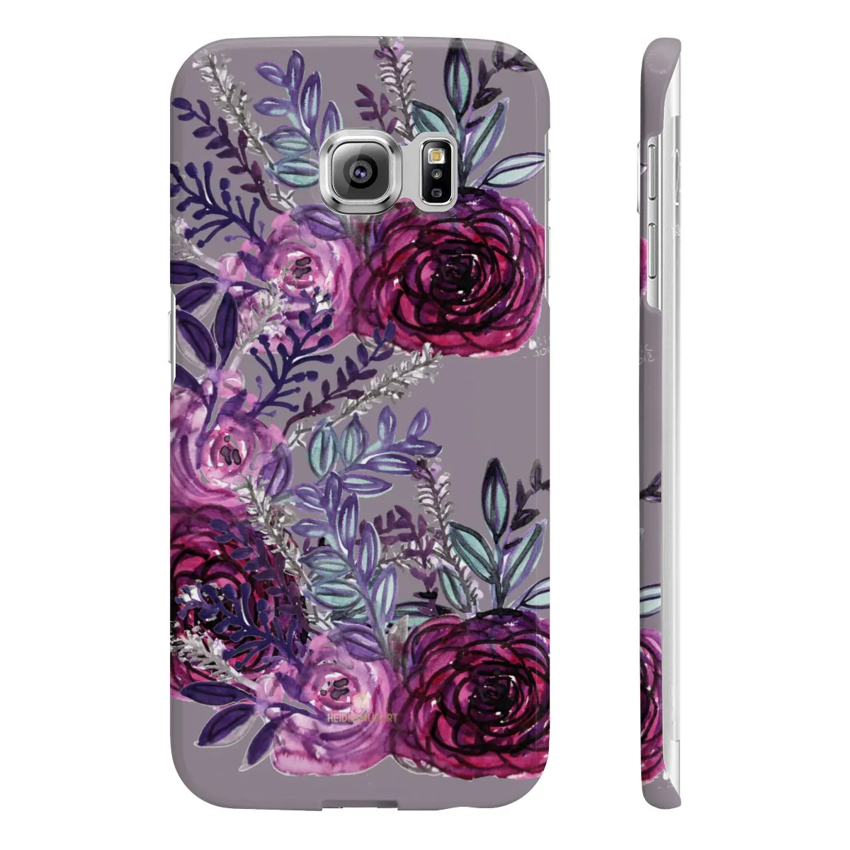 Gray Slim iPhone/ Samsung Galaxy Floral Purple Rose Print Phone Case, Made in UK