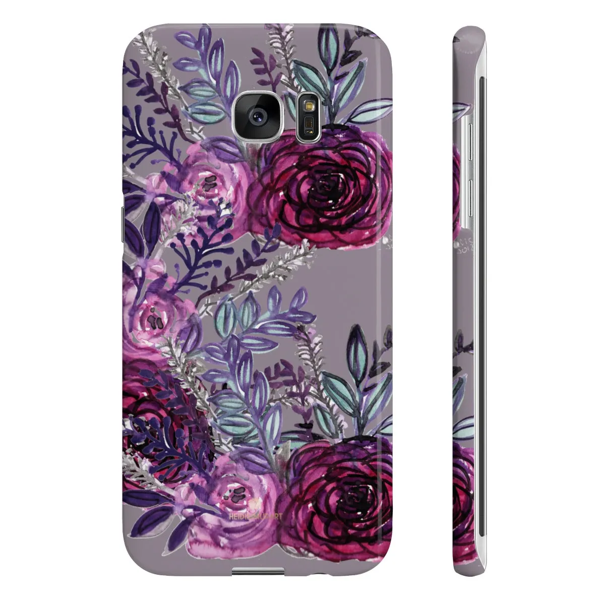 Gray Slim iPhone/ Samsung Galaxy Floral Purple Rose Print Phone Case, Made in UK