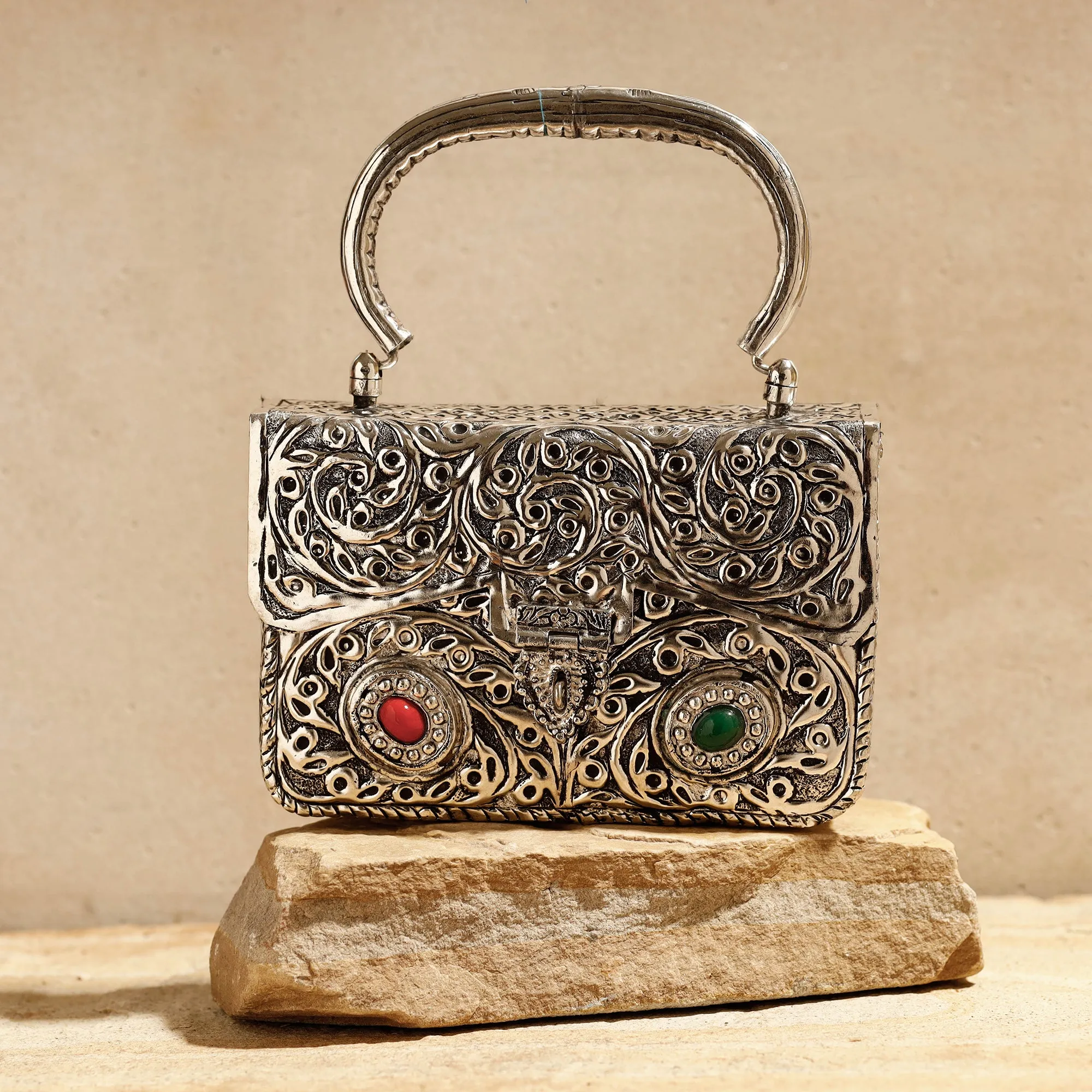 Grey - Brass Metal Self Designed Antique Sling Clutch