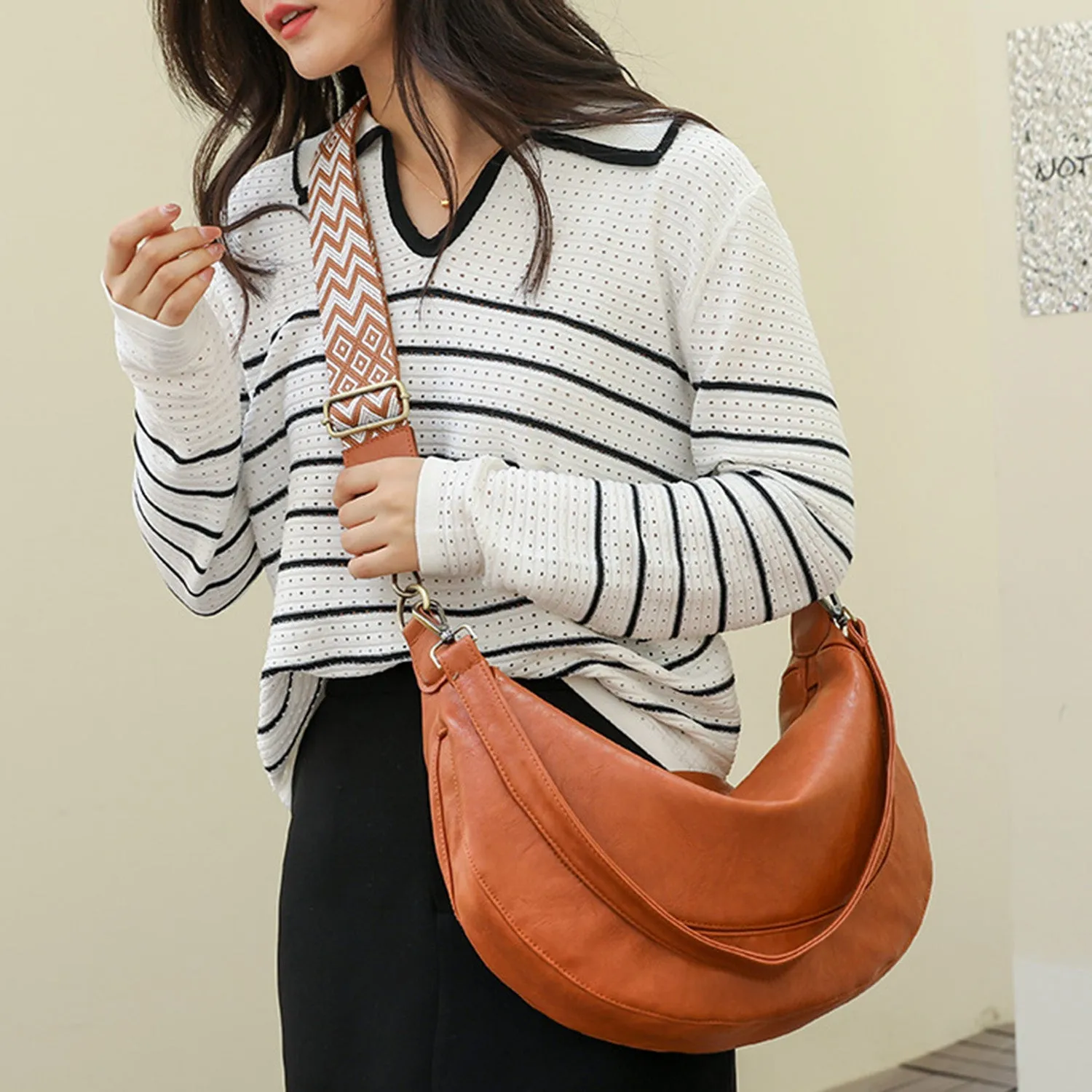 Hobo Bag Women's Fashion Boho Slouchy PU Leather Crossbody Bag with short and long handle