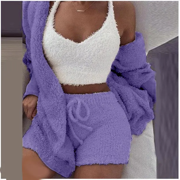 HOC Winter Plush Home Wear, Casual 3Pcs Pajamas Long Sleeved Shorts Sports Set