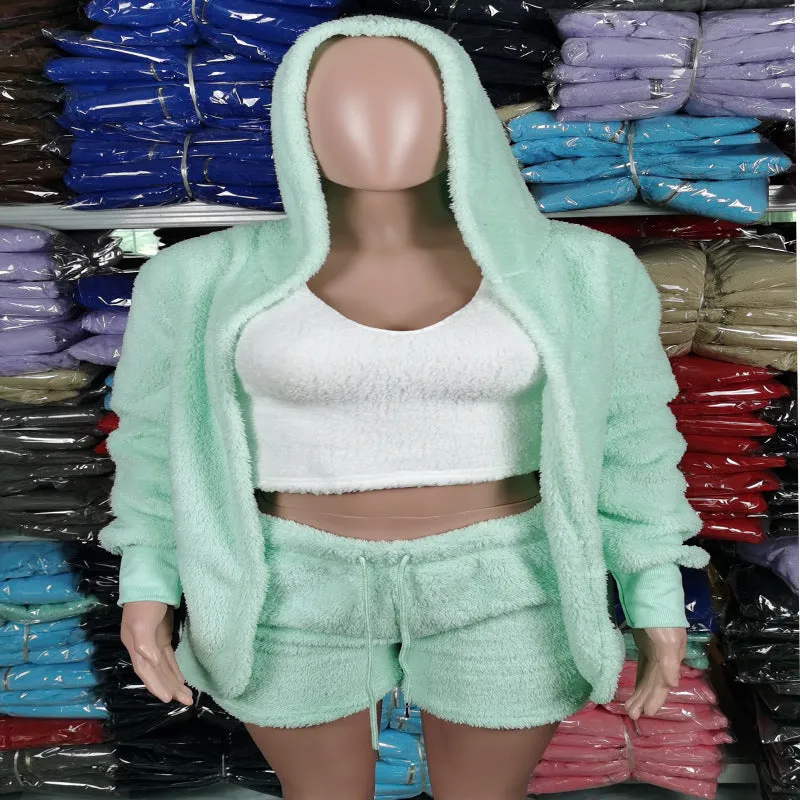 HOC Winter Plush Home Wear, Casual 3Pcs Pajamas Long Sleeved Shorts Sports Set