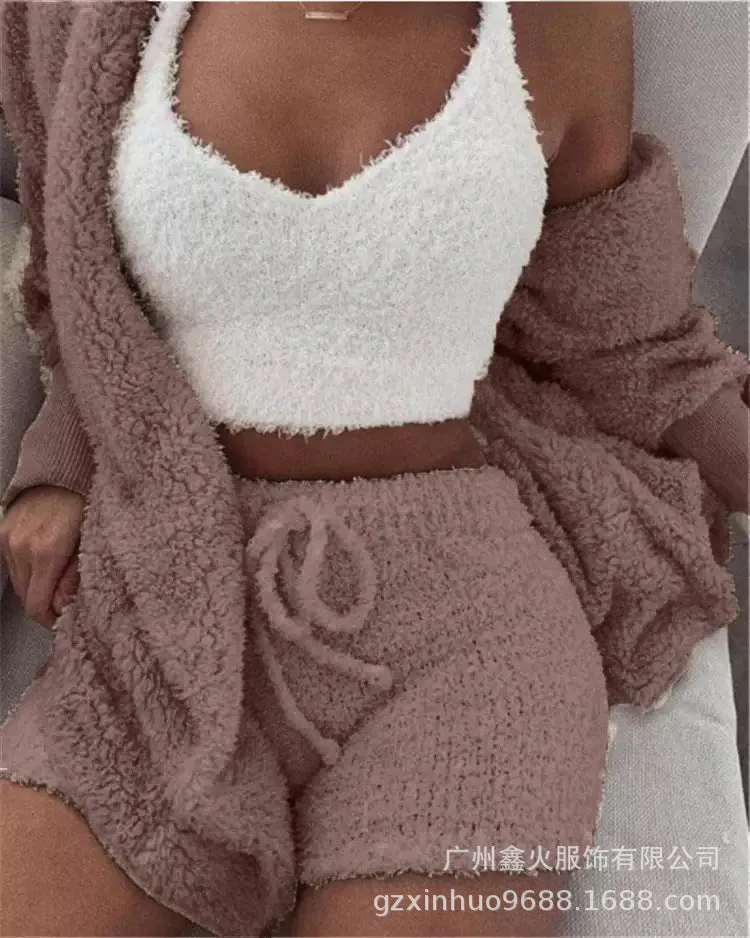 HOC Winter Plush Home Wear, Casual 3Pcs Pajamas Long Sleeved Shorts Sports Set
