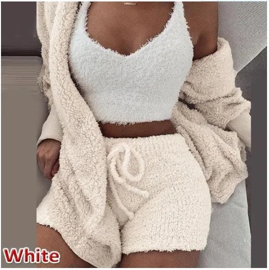 HOC Winter Plush Home Wear, Casual 3Pcs Pajamas Long Sleeved Shorts Sports Set