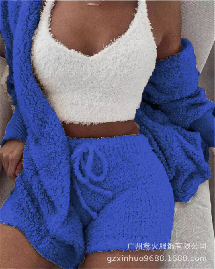 HOC Winter Plush Home Wear, Casual 3Pcs Pajamas Long Sleeved Shorts Sports Set