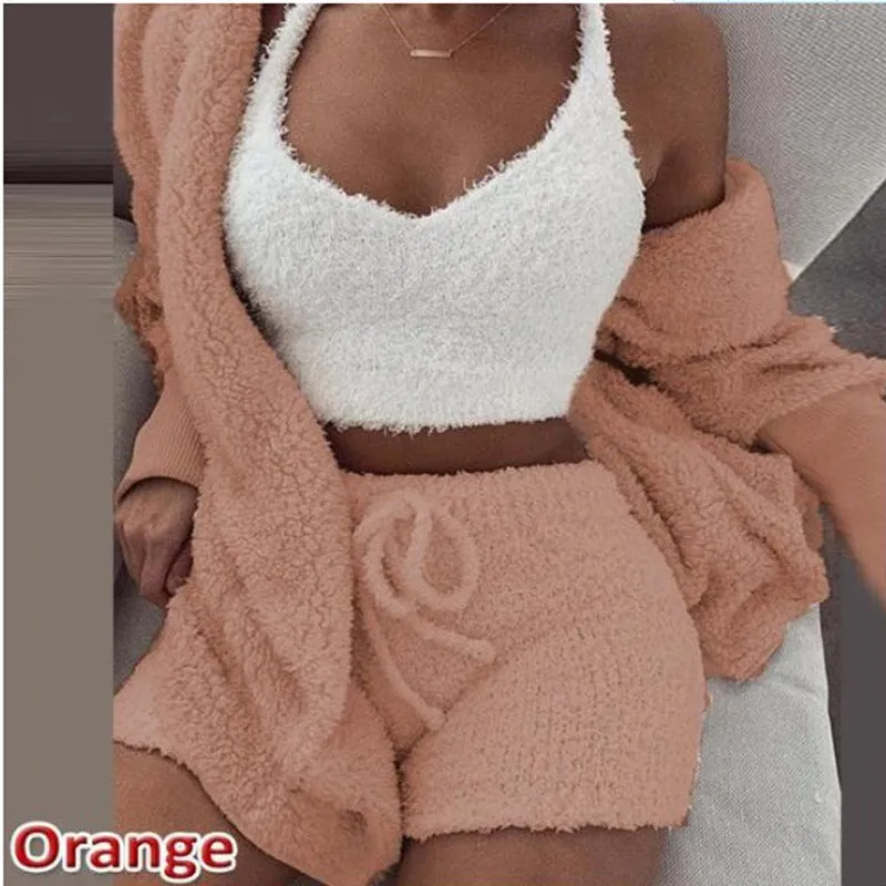 HOC Winter Plush Home Wear, Casual 3Pcs Pajamas Long Sleeved Shorts Sports Set
