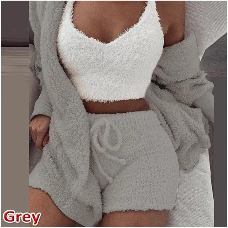 HOC Winter Plush Home Wear, Casual 3Pcs Pajamas Long Sleeved Shorts Sports Set