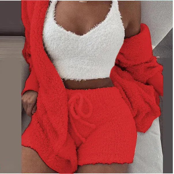 HOC Winter Plush Home Wear, Casual 3Pcs Pajamas Long Sleeved Shorts Sports Set
