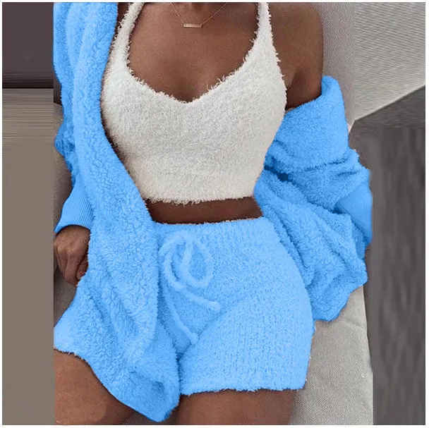 HOC Winter Plush Home Wear, Casual 3Pcs Pajamas Long Sleeved Shorts Sports Set