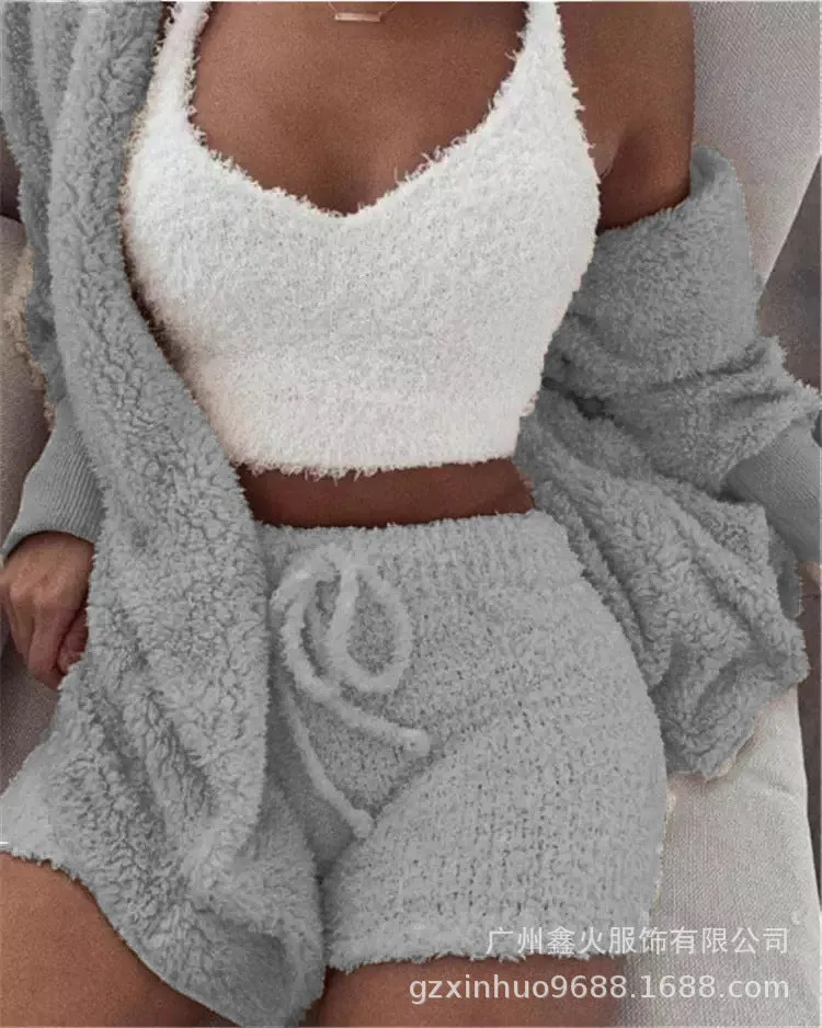 HOC Winter Plush Home Wear, Casual 3Pcs Pajamas Long Sleeved Shorts Sports Set