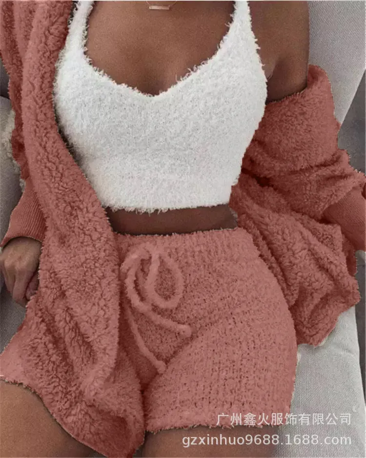 HOC Winter Plush Home Wear, Casual 3Pcs Pajamas Long Sleeved Shorts Sports Set