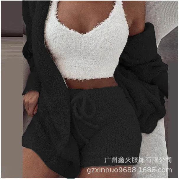 HOC Winter Plush Home Wear, Casual 3Pcs Pajamas Long Sleeved Shorts Sports Set