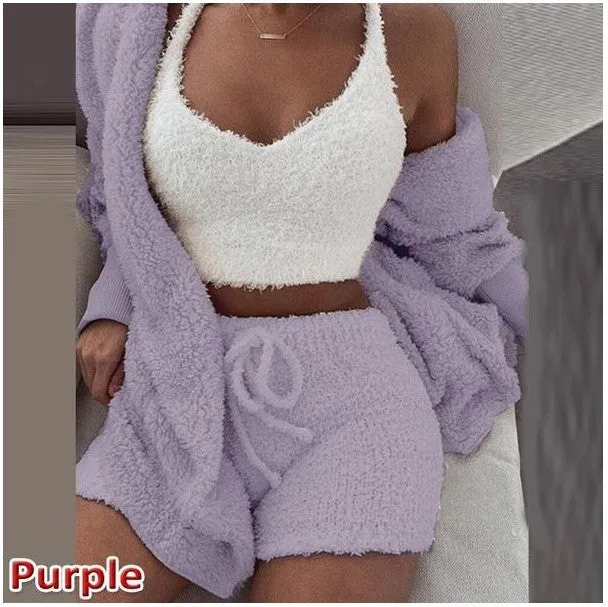HOC Winter Plush Home Wear, Casual 3Pcs Pajamas Long Sleeved Shorts Sports Set
