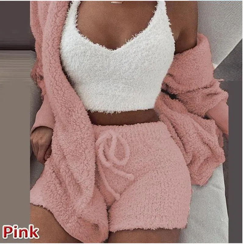 HOC Winter Plush Home Wear, Casual 3Pcs Pajamas Long Sleeved Shorts Sports Set