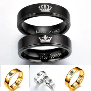 Hot Sale 1Pcs 3 Colors Titanium His Queen Her King DIY Engraved Couple Ring Romantic Engagement Wedding Rings for Lover Jewelry