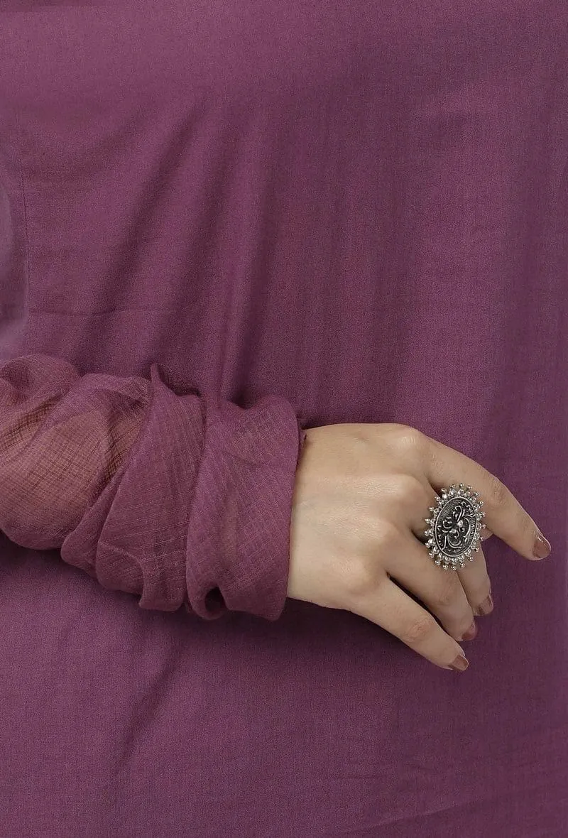 Iya Purple Round Neck Straight Fit Cotton and Kota Sleeves Plain Kurta