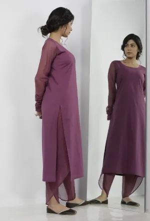 Iya Purple Round Neck Straight Fit Cotton and Kota Sleeves Plain Kurta