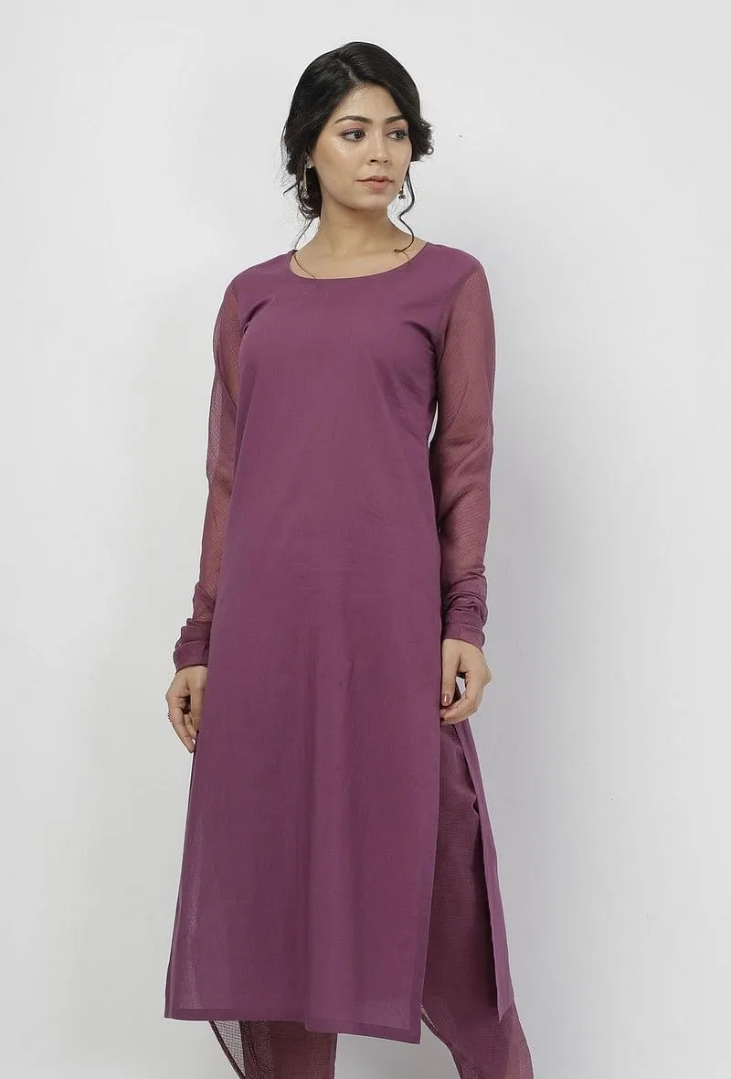Iya Purple Round Neck Straight Fit Cotton and Kota Sleeves Plain Kurta